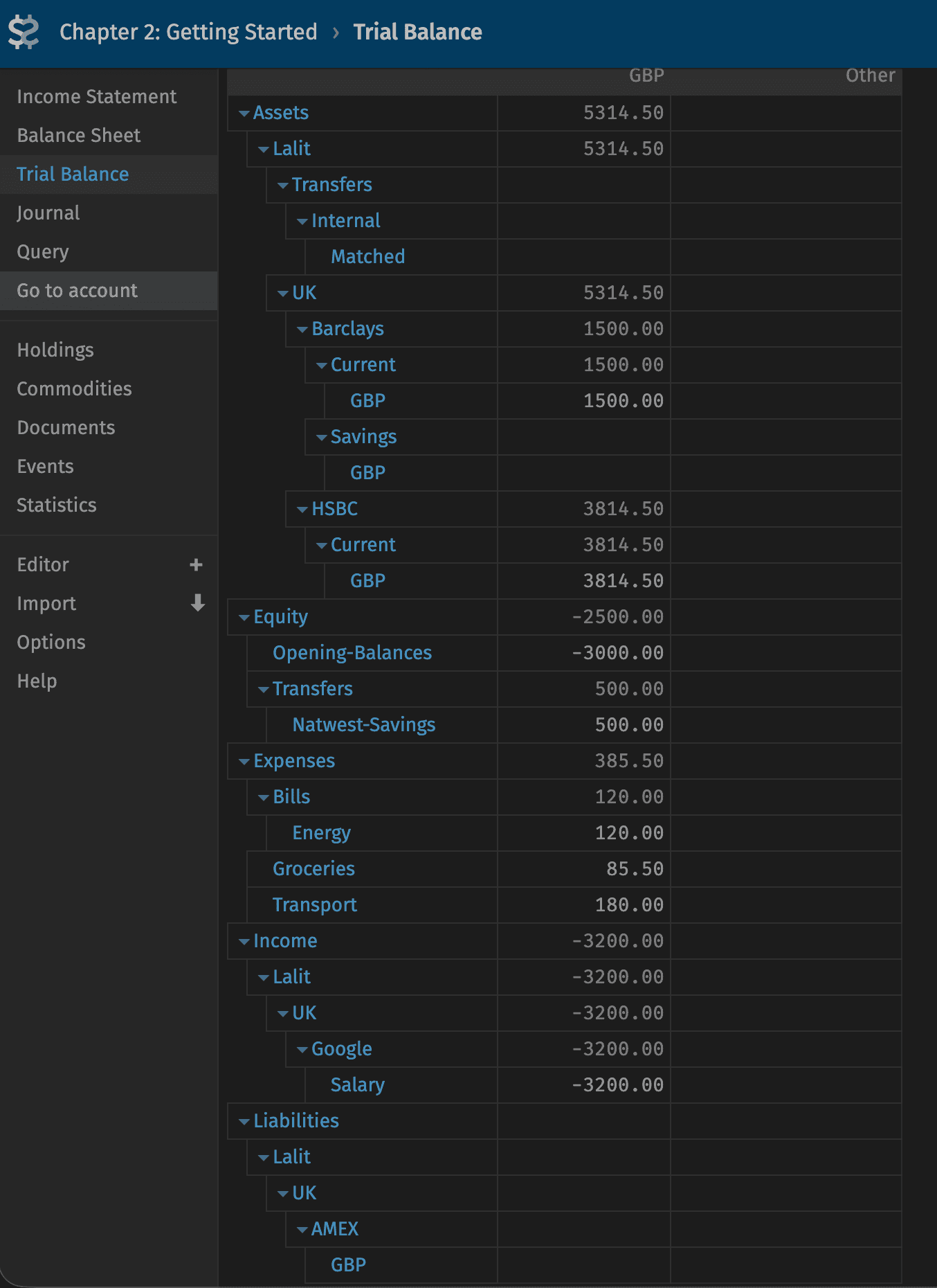 Fava Trial Balance showing Assets, Income, and Expenses