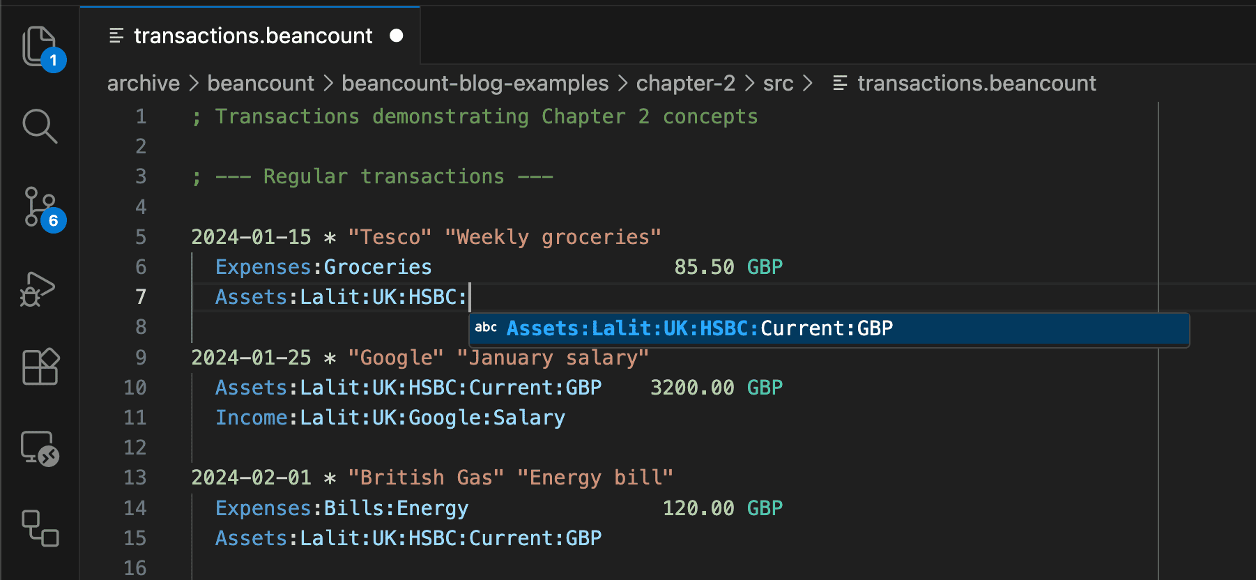 VS Code with Beancount extension showing syntax highlighting