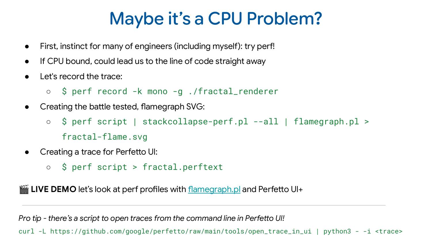 Slide titled “Suspicion #1: Maybe it’s a CPU problem?” with perf command examples