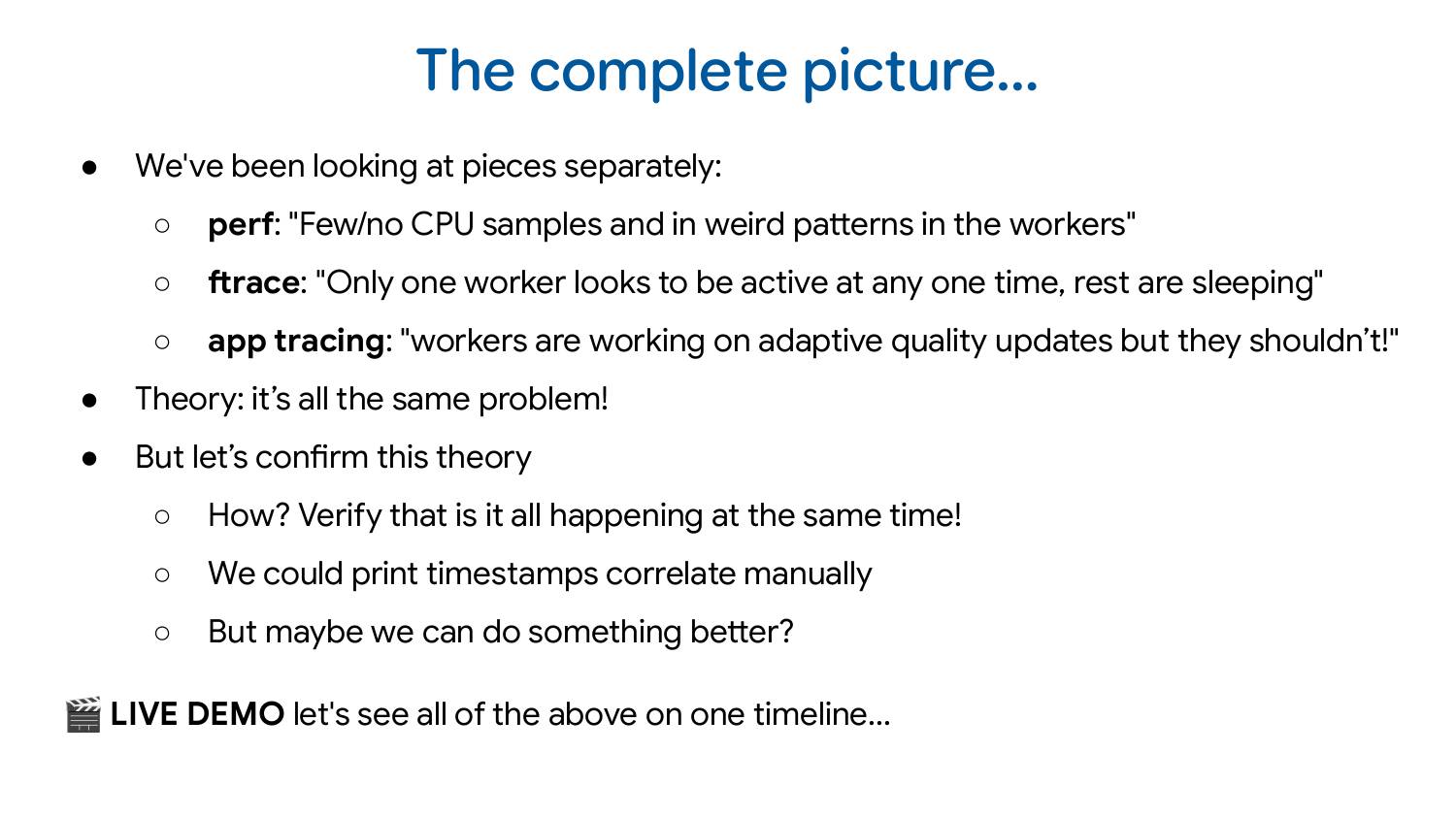 Slide titled “Putting it all together: The merged trace” explaining trace merging feature