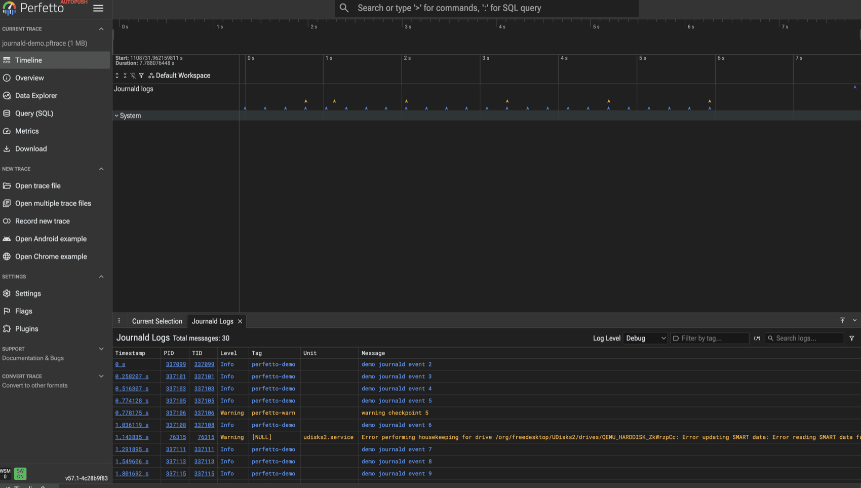 Journald logs on the Perfetto timeline, with the log panel showing the captured entries including a udisks SMART error