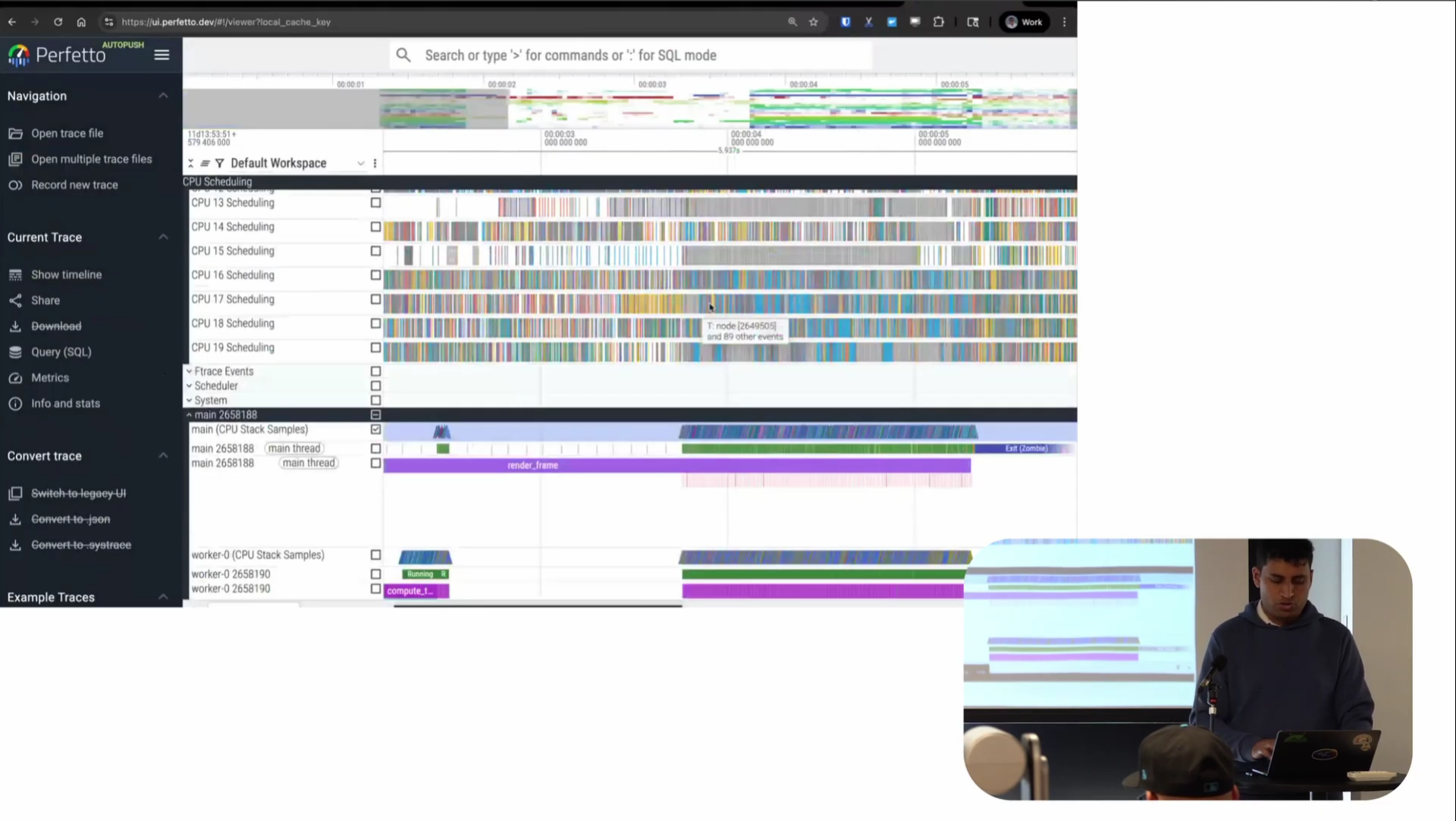 Perfetto UI screenshot showing merged trace with CPU scheduling tracks, stack samples, and app instrumentation on single timeline