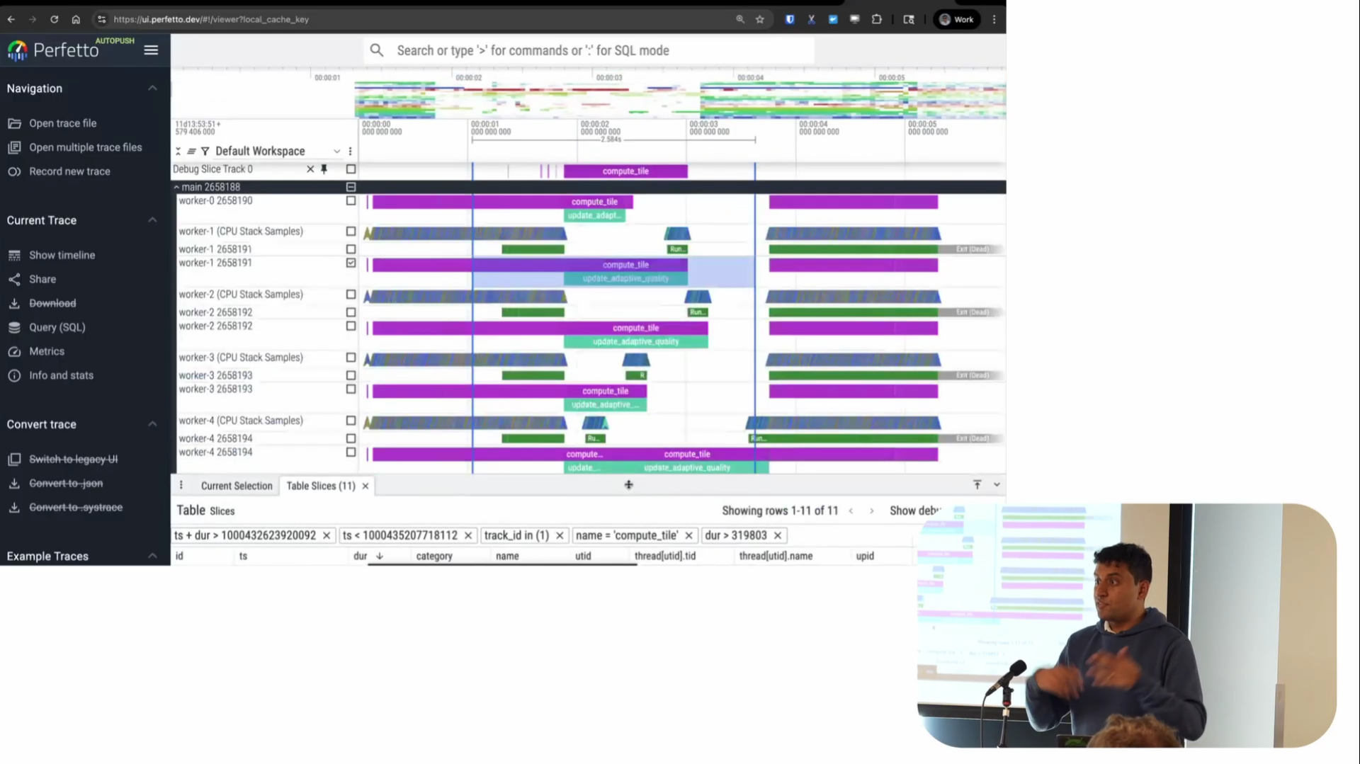 Perfetto UI screenshot demonstrating Show Debug Track feature with filtered events visualized as timeline track