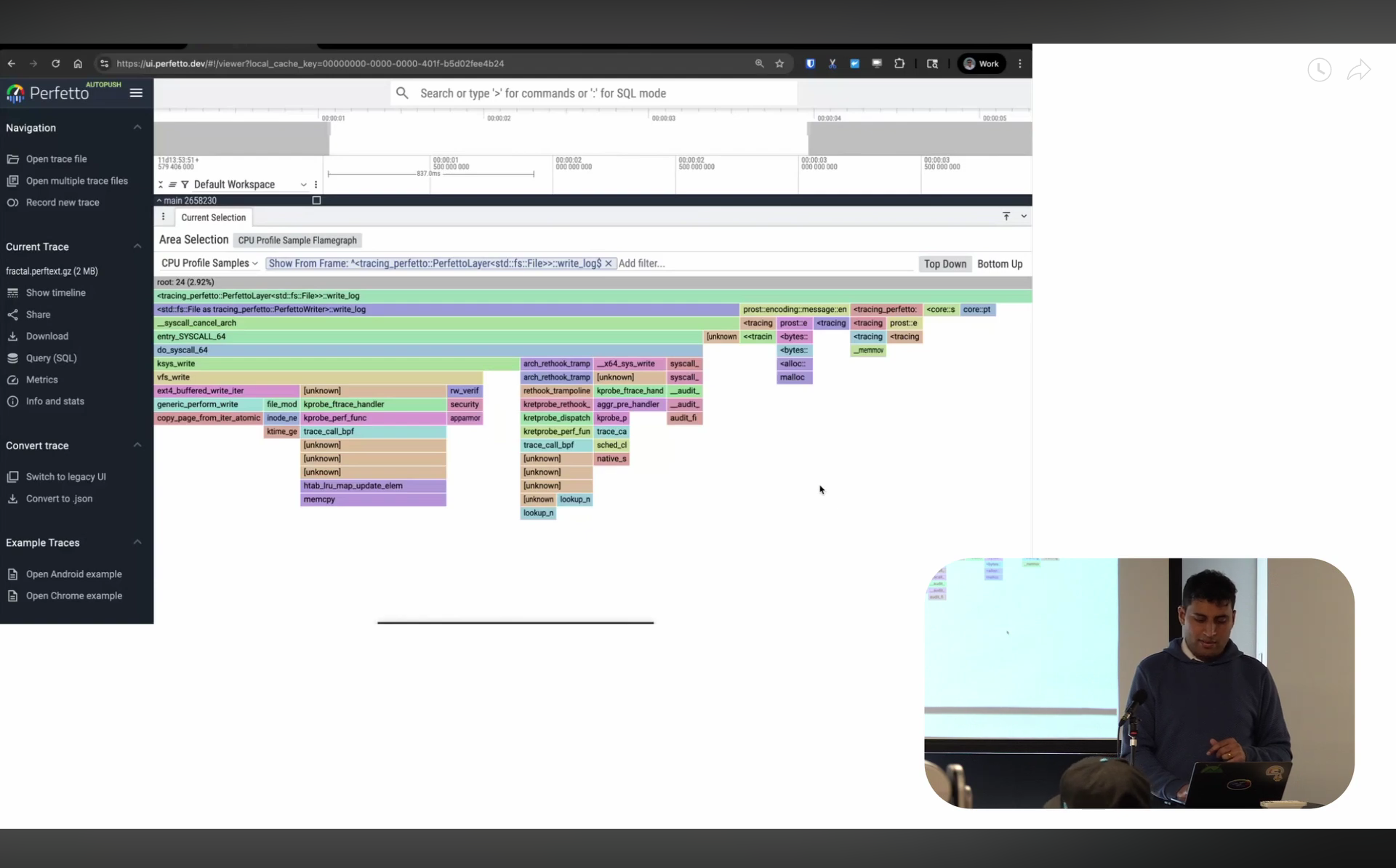 Perfetto UI screenshot showing enhanced flame graph with zoom, frame hiding, regex search, and bottom-up view features