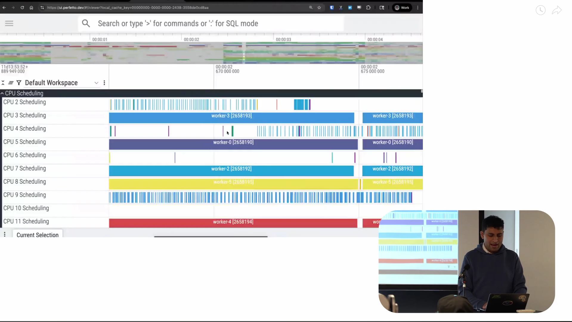 Perfetto UI screenshot showing scheduler trace with CPU scheduling tracks at top, white regions indicating idle time