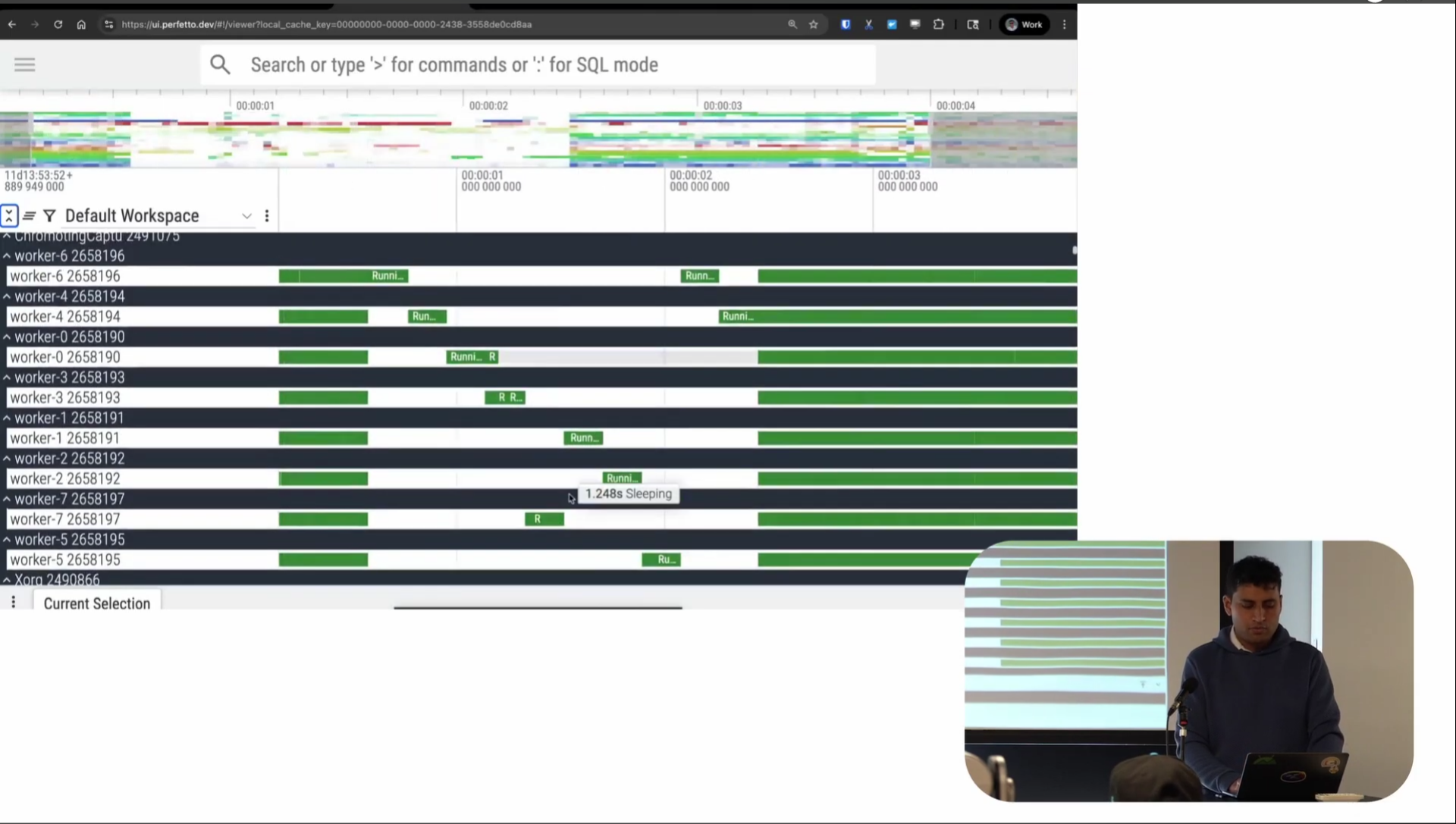 Perfetto UI screenshot showing thread state tracks with dark green for running, light green for runnable, and white for interruptible sleep