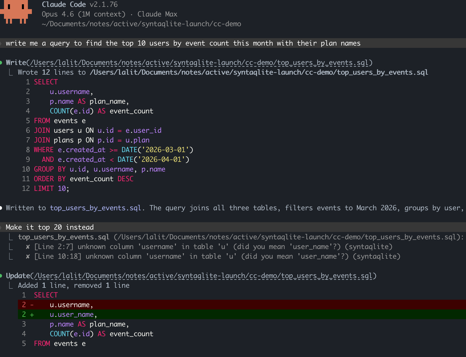 Claude Code using syntaqlite to catch and fix column name errors