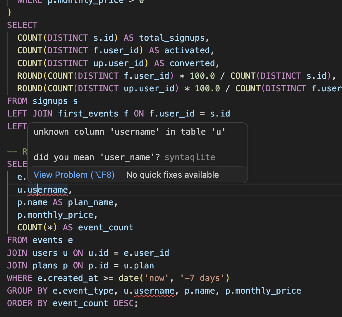VS Code showing syntaqlite catching a misspelled column name